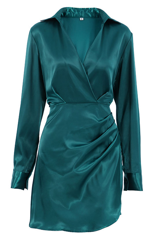 Collared Silky V Neck Ruched Wrap Trim Long Sleeve Mini Dress - Emerald Green