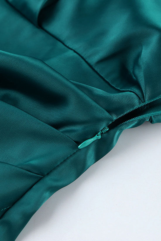 Collared Silky V Neck Ruched Wrap Trim Long Sleeve Mini Dress - Emerald Green