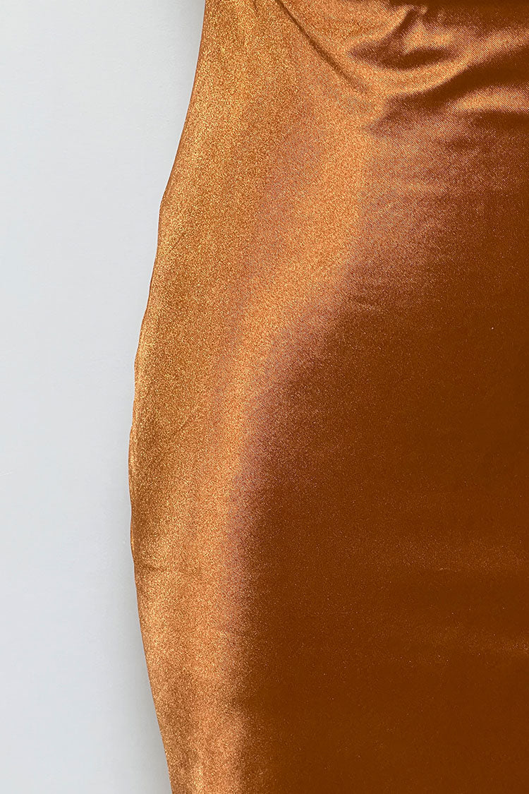 Cowl Silky Neck Spaghetti Strap Side Slit Satin Slip Midi Dress - Rust
