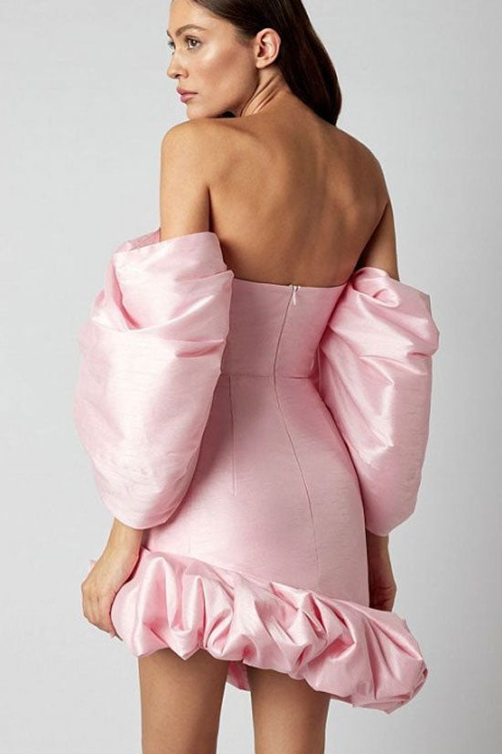 Off Silky The Shoulder Puff Sleeve Oversized Ruffle Satin Party Mini Dress - Pink