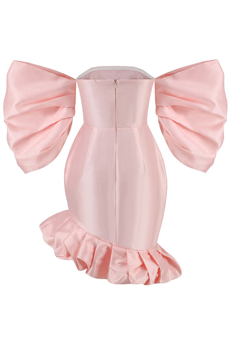 Off Silky The Shoulder Puff Sleeve Oversized Ruffle Satin Party Mini Dress - Pink