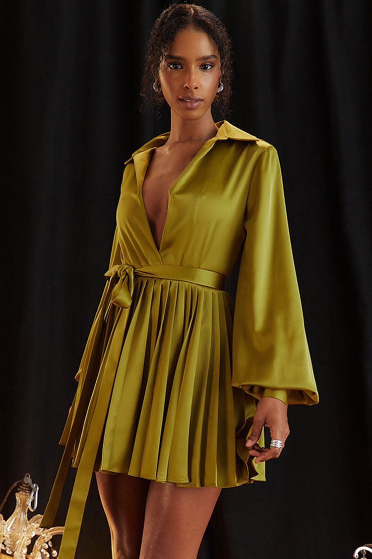 Satin Silky Collared V Neck Bishop Sleeve Pleated Shirt Mini Dress - Grass Green