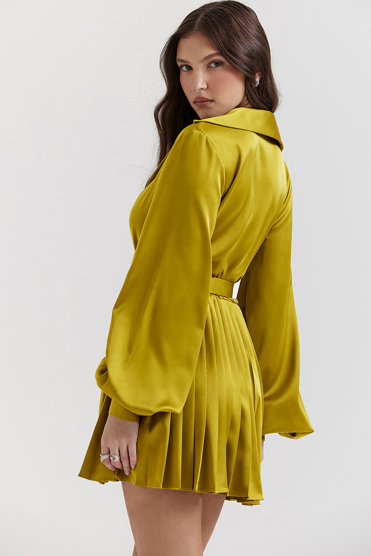Satin Silky Collared V Neck Bishop Sleeve Pleated Shirt Mini Dress - Grass Green