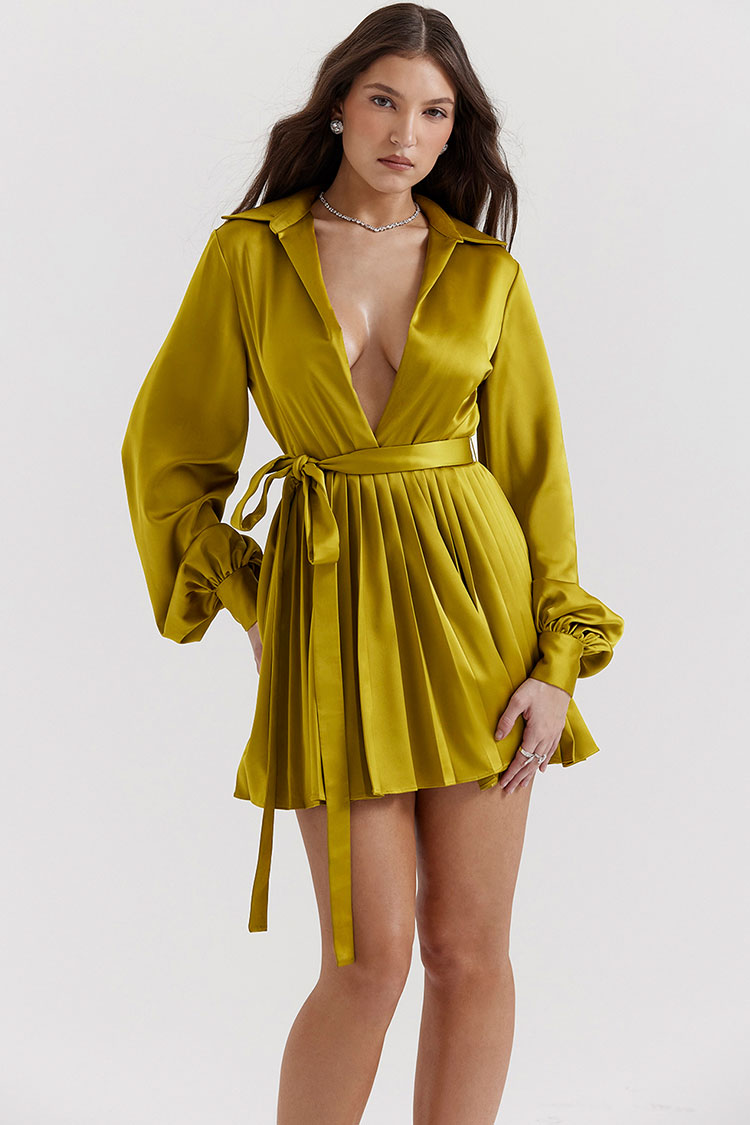 Satin Silky Collared V Neck Bishop Sleeve Pleated Shirt Mini Dress - Grass Green