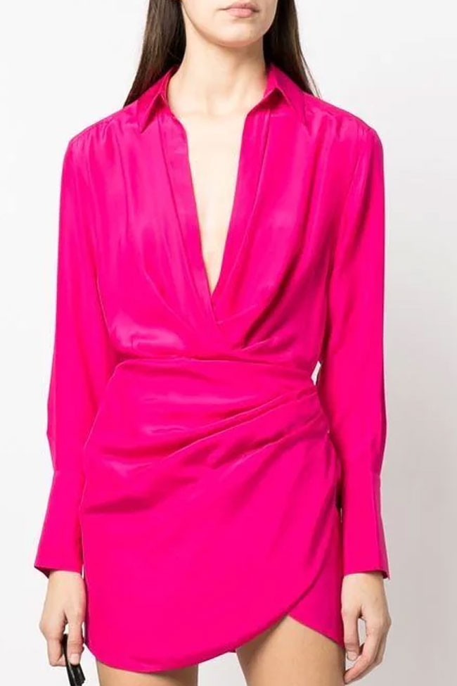 Satin Silky Collared V Neck Long Sleeve Draped Shirt Mini Dress - Hot Pink