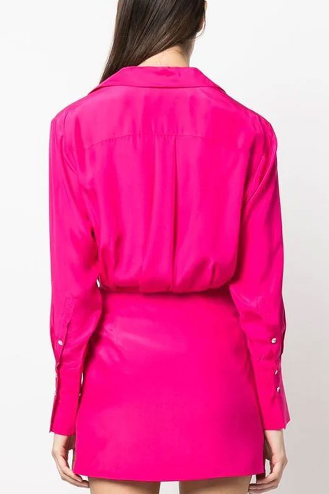 Satin Silky Collared V Neck Long Sleeve Draped Shirt Mini Dress - Hot Pink