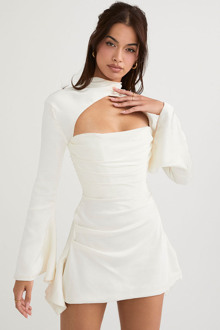 Satin Silky High Neck Long Sleeve Cutout Party Mini Dress - White