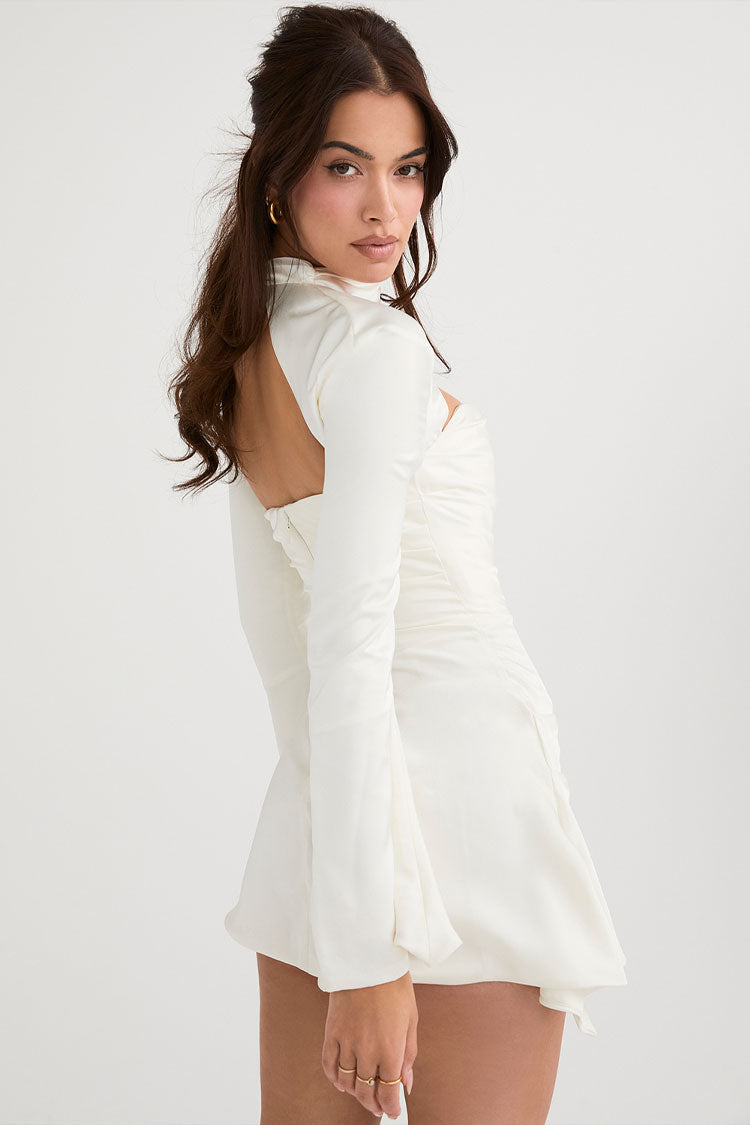 Satin Silky High Neck Long Sleeve Cutout Party Mini Dress - White
