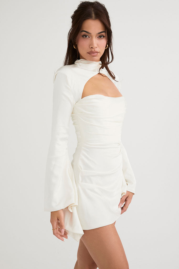 Satin Silky High Neck Long Sleeve Cutout Party Mini Dress - White