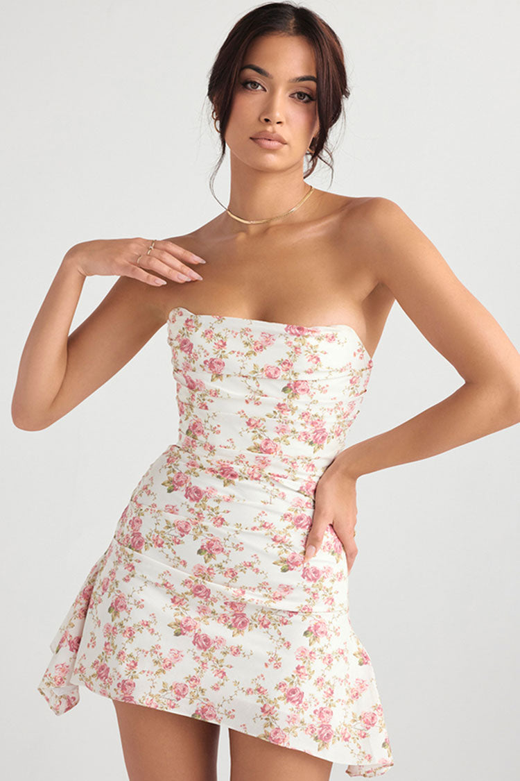 Silky Satin Pleated Trim Corset Strapless Party Mini Dress - Flower