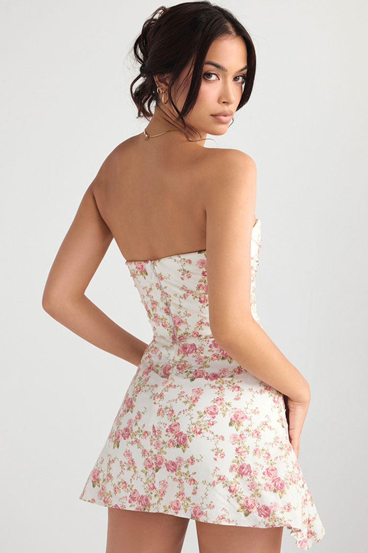 Silky Satin Pleated Trim Corset Strapless Party Mini Dress - Flower