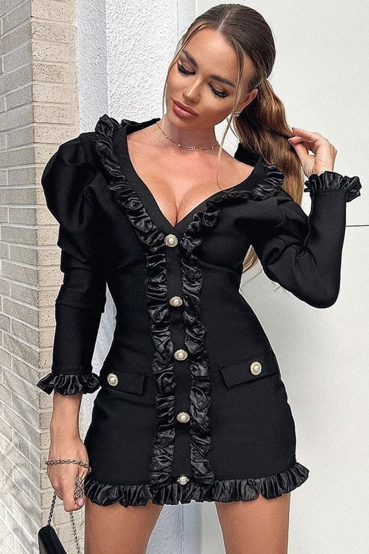 Satin Silky Pleated Trim Long Sleeve Bodycon Bandage Mini Dress - Black