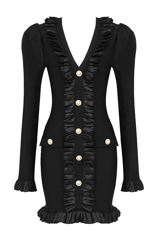 Satin Silky Pleated Trim Long Sleeve Bodycon Bandage Mini Dress - Black