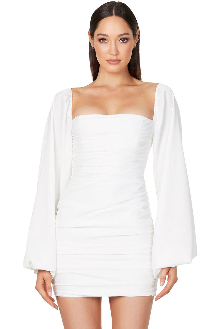 Satin Silky Square Neck Bishop Sleeve Ruched Party Mini Dress - White