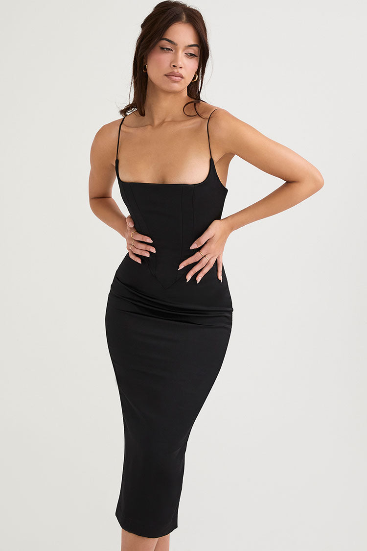 Satin Silky Square Neck Cami Slip Cocktail Party Midi Dress - Black