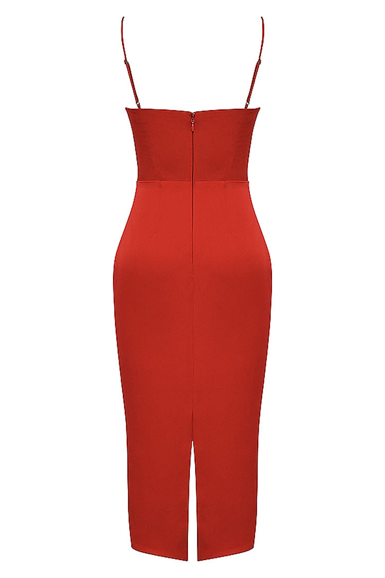 Satin Silky Square Neck Cami Slip Cocktail Party Midi Dress - Red