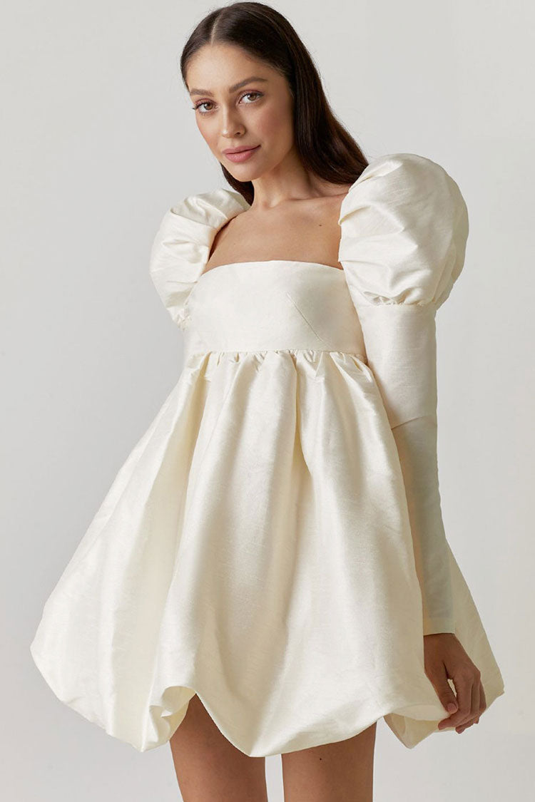 Satin Silky Square Neck Puff Sleeve Babydoll Mini Dress - Beige