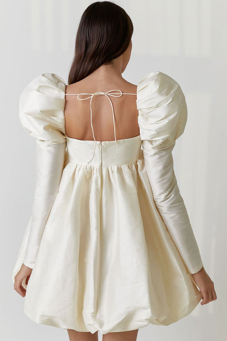 Satin Silky Square Neck Puff Sleeve Babydoll Mini Dress - Beige