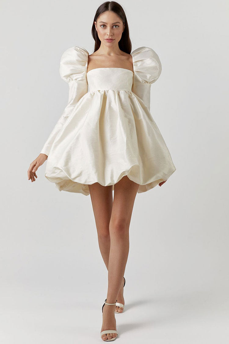 Satin Silky Square Neck Puff Sleeve Babydoll Mini Dress - Beige