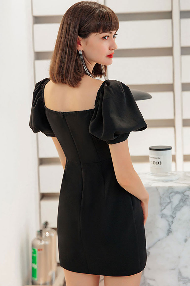 Satin Silky Square Neck Puff Sleeve Pleated Trim Party Mini Dress - Black