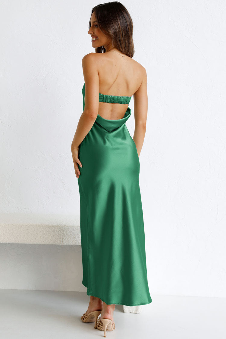 Pleated Silky Strapless Cowl Back Cocktail Midi Dress - Green