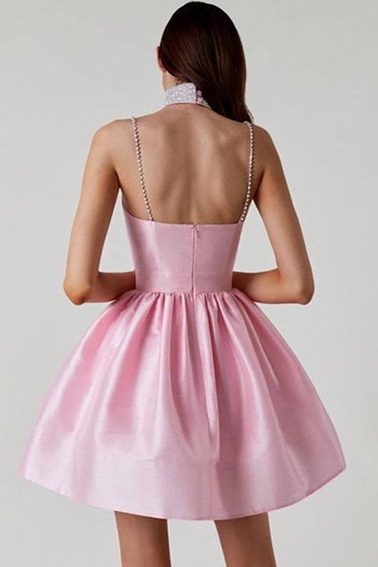 Sweetheart Silky Spaghetti Strap Pleated Satin Skater Mini Dress - Pink