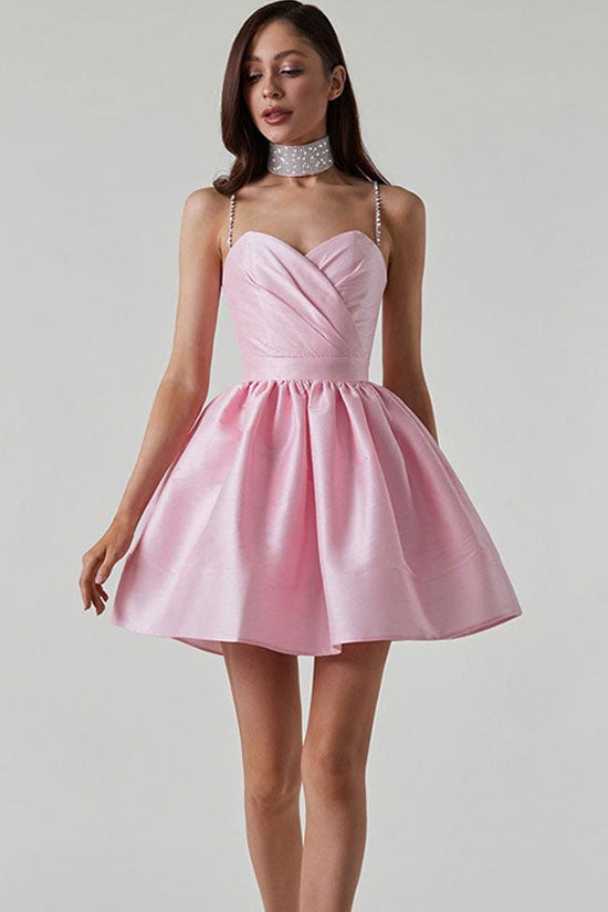 Sweetheart Silky Spaghetti Strap Pleated Satin Skater Mini Dress - Pink