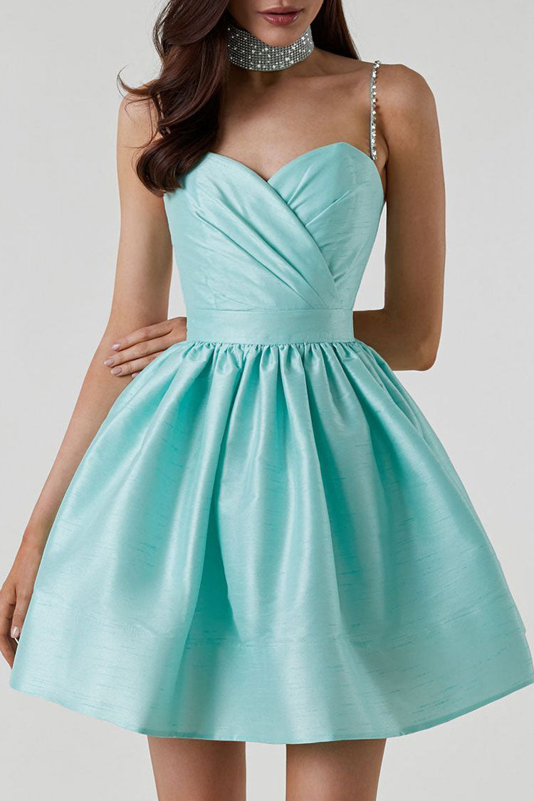 Sweetheart Silky Spaghetti Strap Pleated Satin Skater Mini Dress - Teal