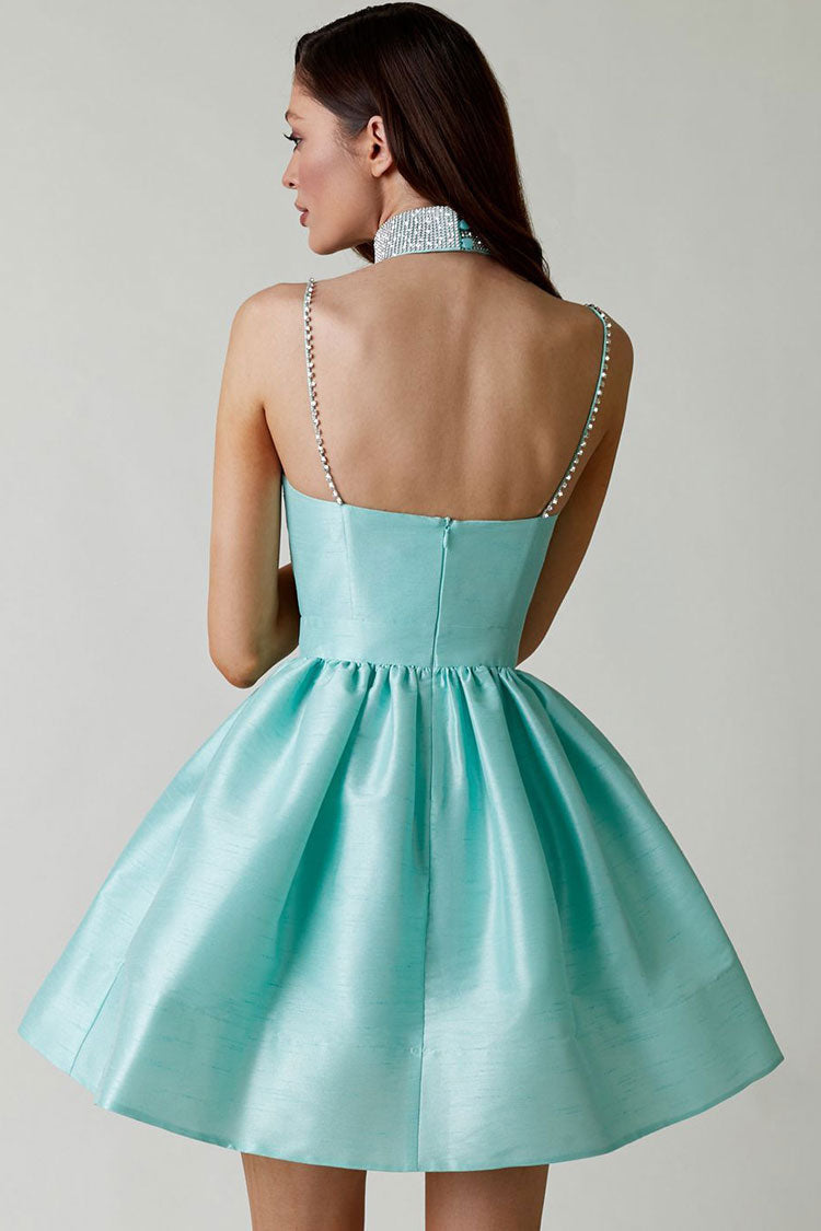 Sweetheart Silky Spaghetti Strap Pleated Satin Skater Mini Dress - Teal