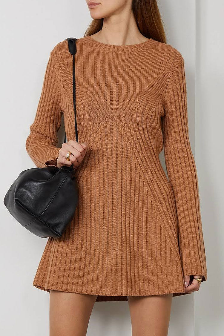 Ribbed Simple Knit Crew Neck Long Sleeve Winter Sweater Mini Dress - Brown