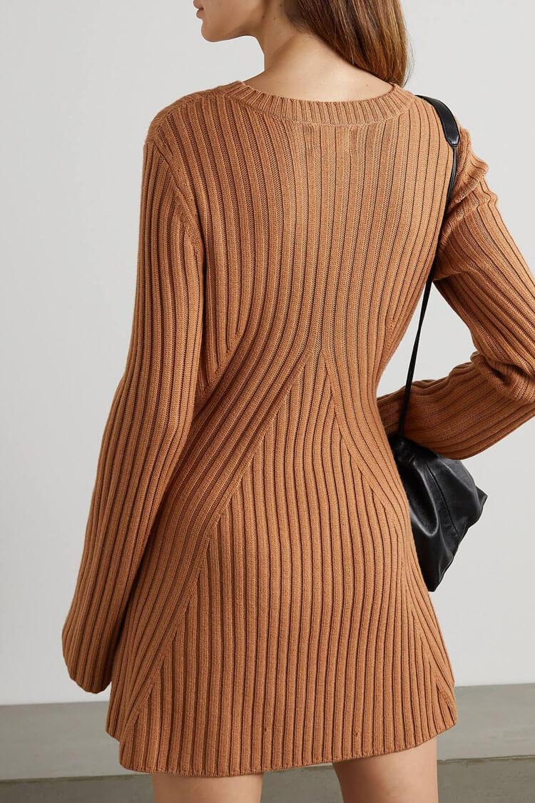 Ribbed Simple Knit Crew Neck Long Sleeve Winter Sweater Mini Dress - Brown