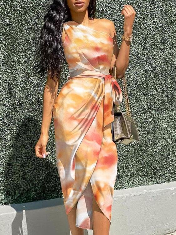 Oblique Sleeveless Shoulder Gradient Irregular Dress