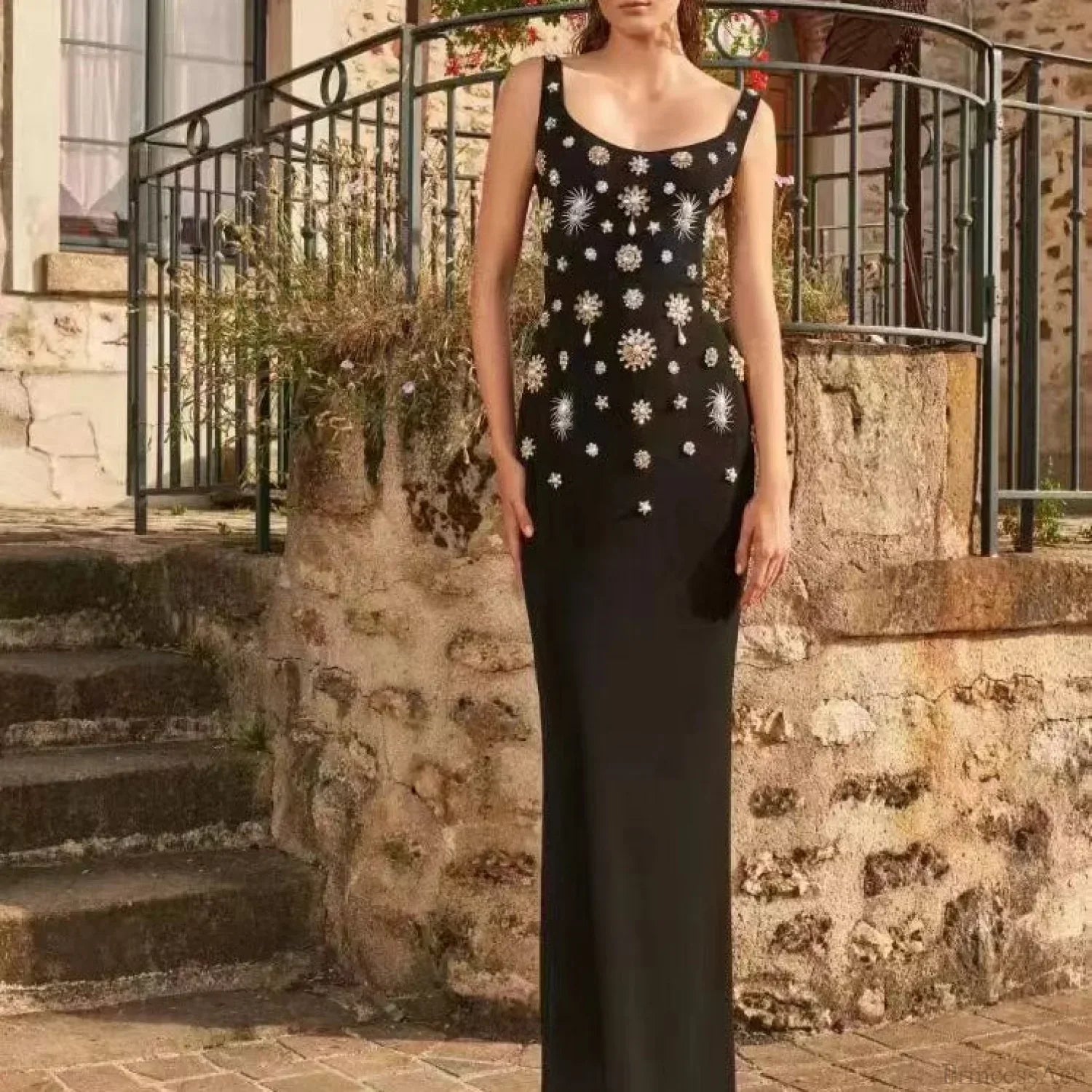 Sleeveless Square Neck Beaded Slit Long Prom Dress