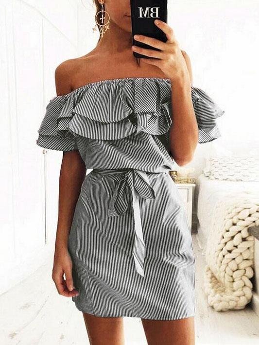 fit Slim Lace up Dress With Ruffled Stripes