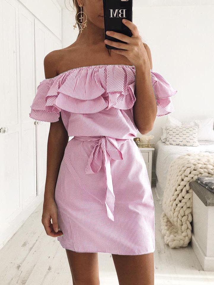 fit Slim Lace up Dress With Ruffled Stripes