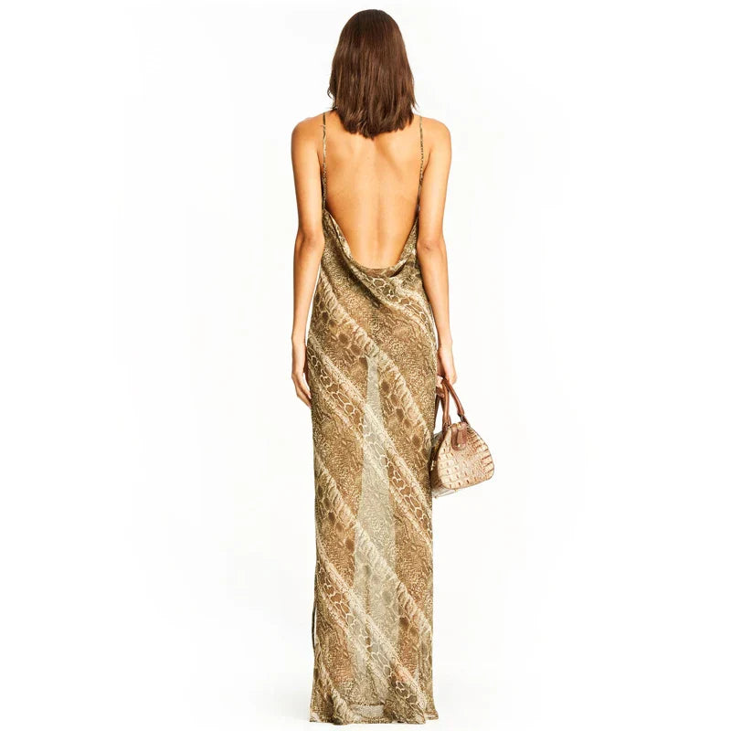 Snake Chiffon Long Party Sheer Backless Refined Autumn Clothes Midi Dresses