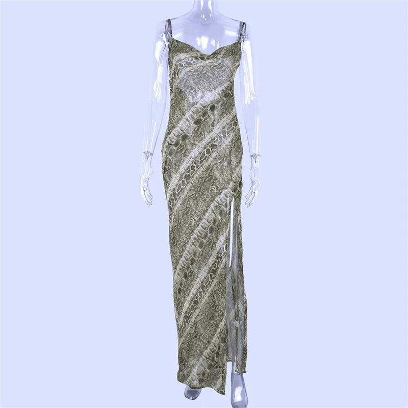 Snake Chiffon Long Party Sheer Backless Refined Autumn Clothes Midi Dresses