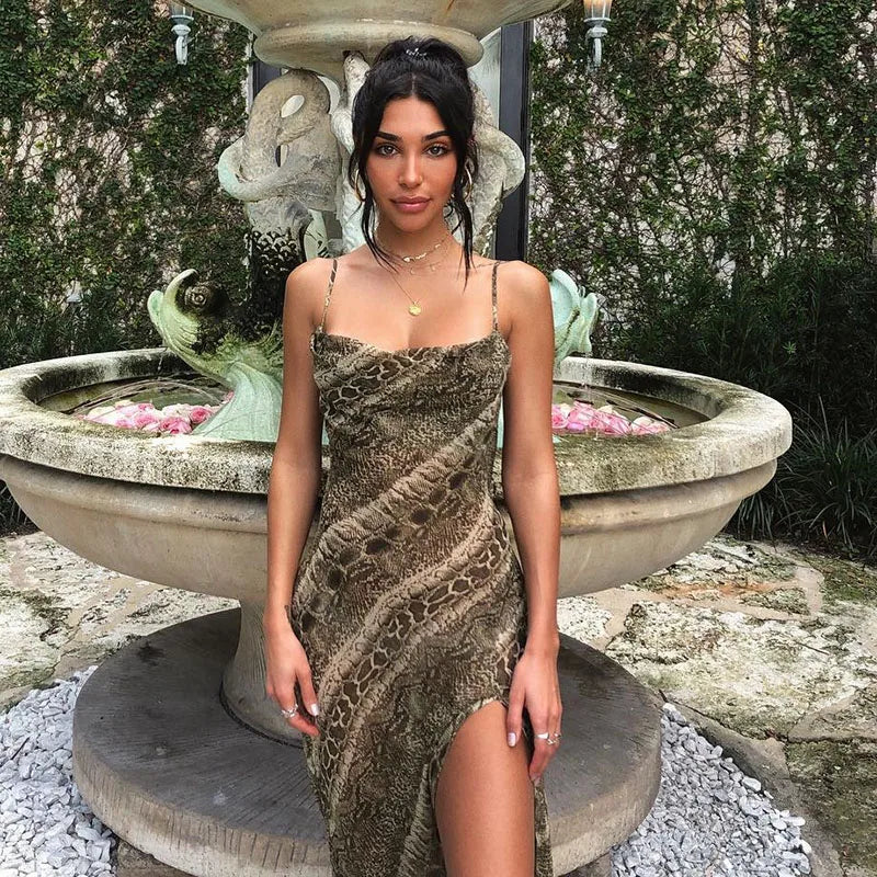 Print Snake Slit Sheer Midi Dress