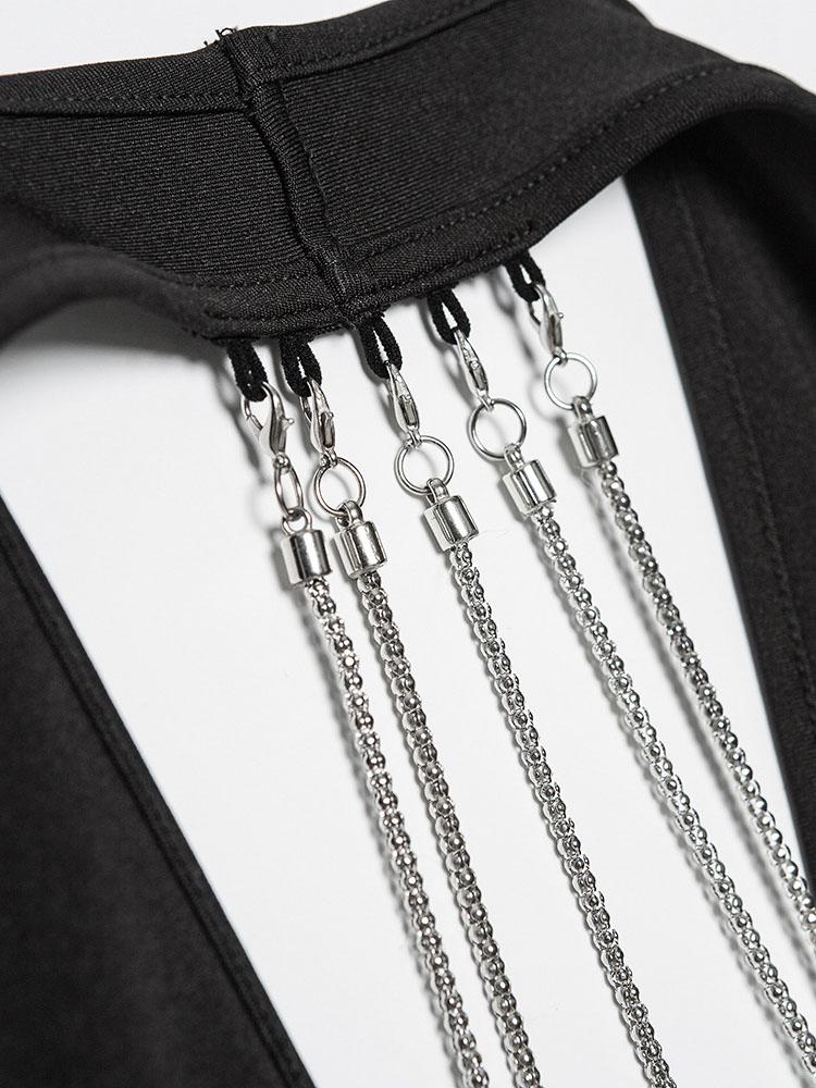 V Solid neck Chain Sleeveless Tight Dress