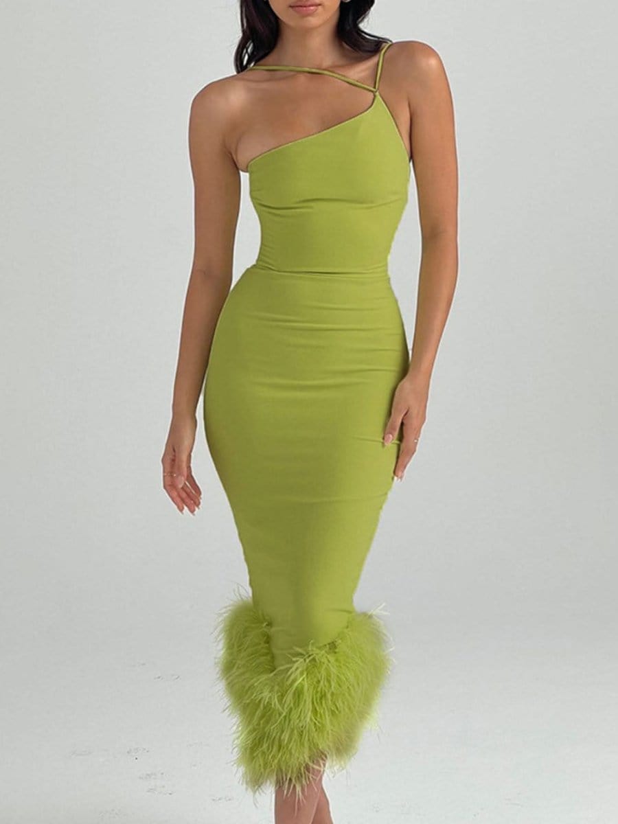 One Sonia Shoulder Feather Midi Dress