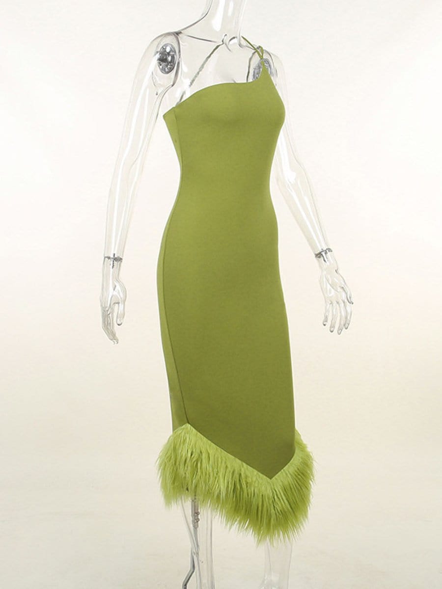 One Sonia Shoulder Feather Midi Dress