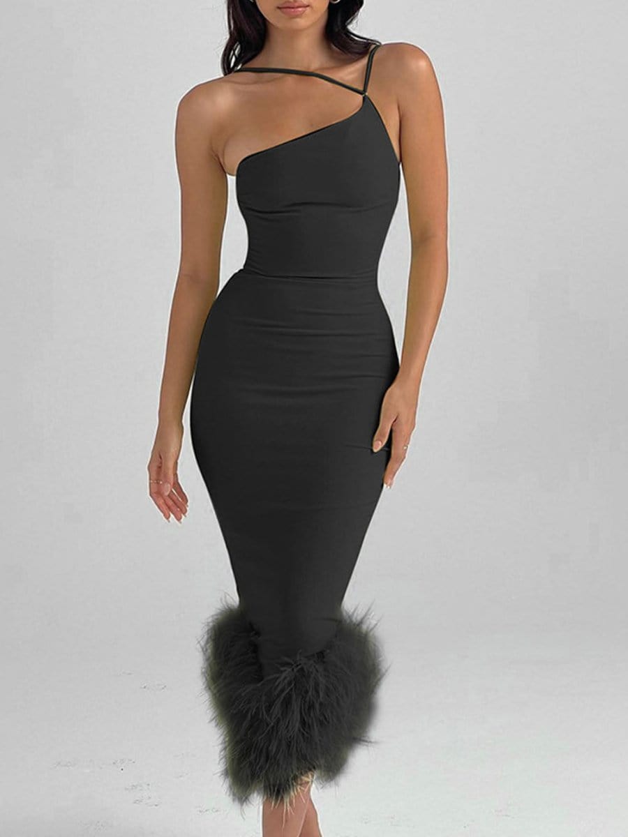 One Sonia Shoulder Feather Midi Dress
