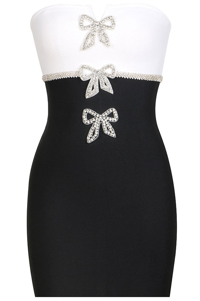 Glam Bowknot Black and White Strapless Bandage Mini Dress - Black