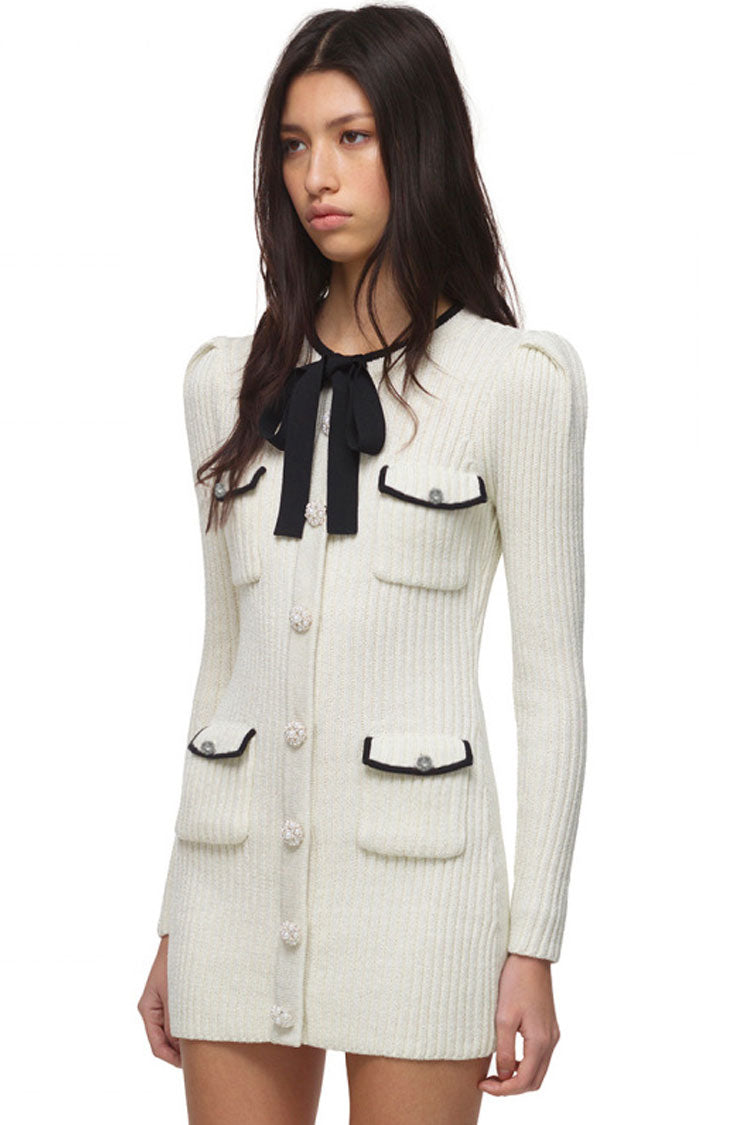 Glam Button Long Sleeve Winter Lurex Sweater Mini Dress - White