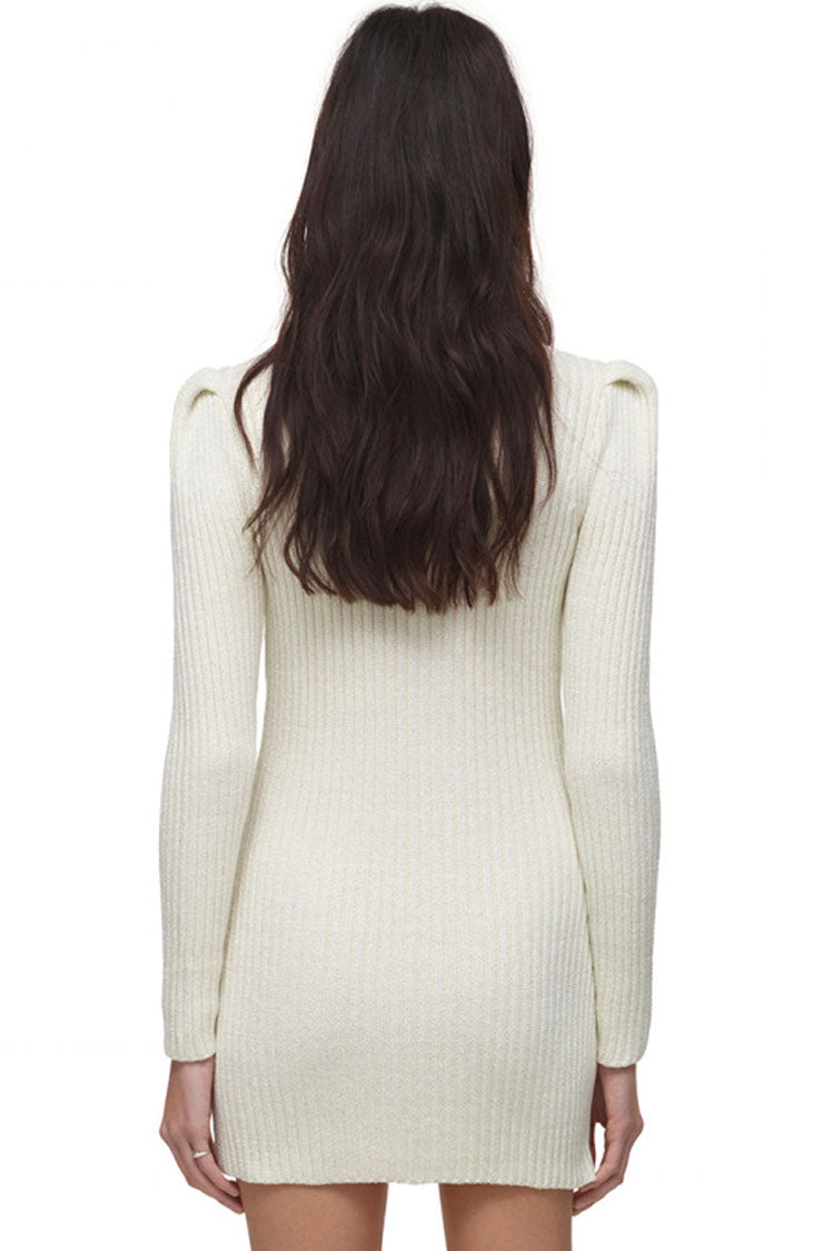 Glam Button Long Sleeve Winter Lurex Sweater Mini Dress - White
