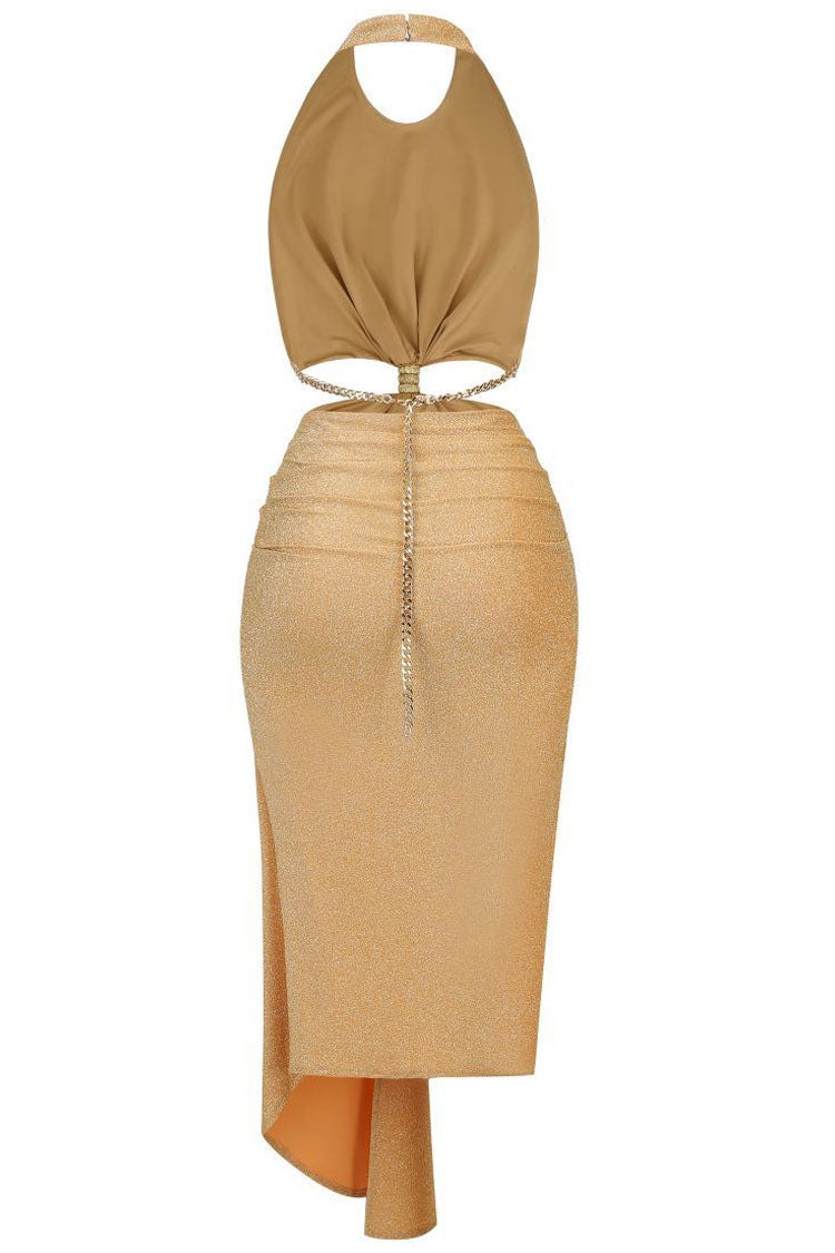 Chain Sparkly Link Cutout Draped Halter Midi Dress - Champagne