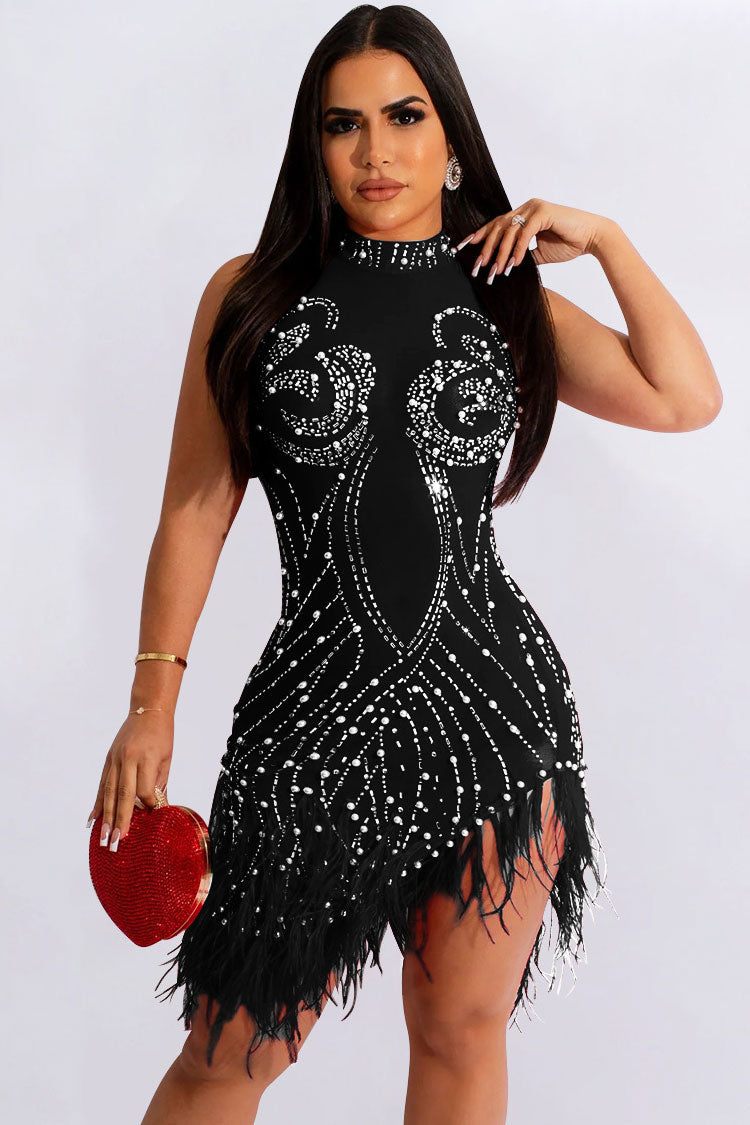 Sequined Crystal Beaded Sleeveless Sheer Mesh Feather Club Mini Dress - Black
