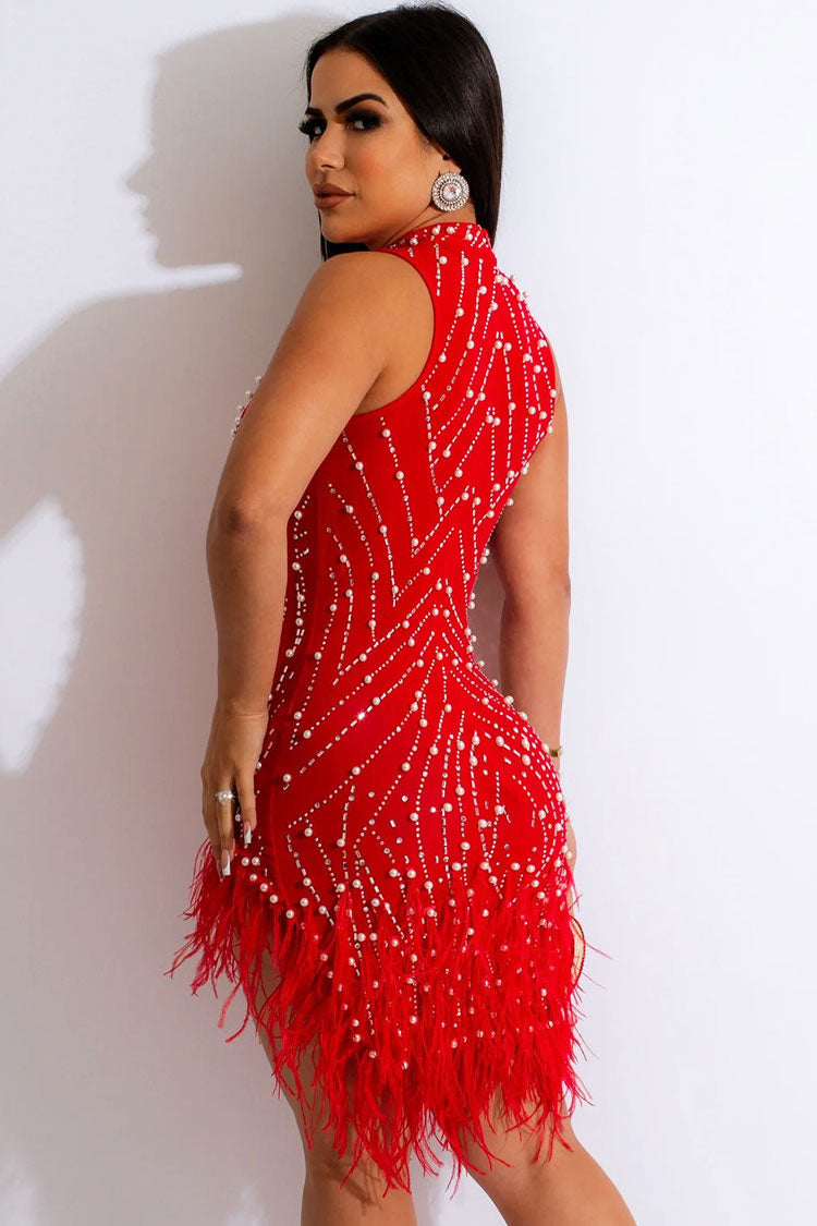 Sequined Crystal Beaded Sleeveless Sheer Mesh Feather Club Mini Dress - Red