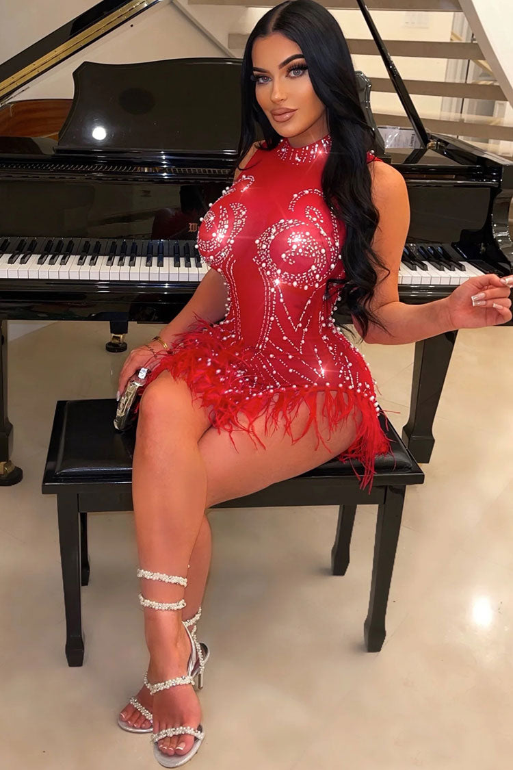 Sequined Crystal Beaded Sleeveless Sheer Mesh Feather Club Mini Dress - Red