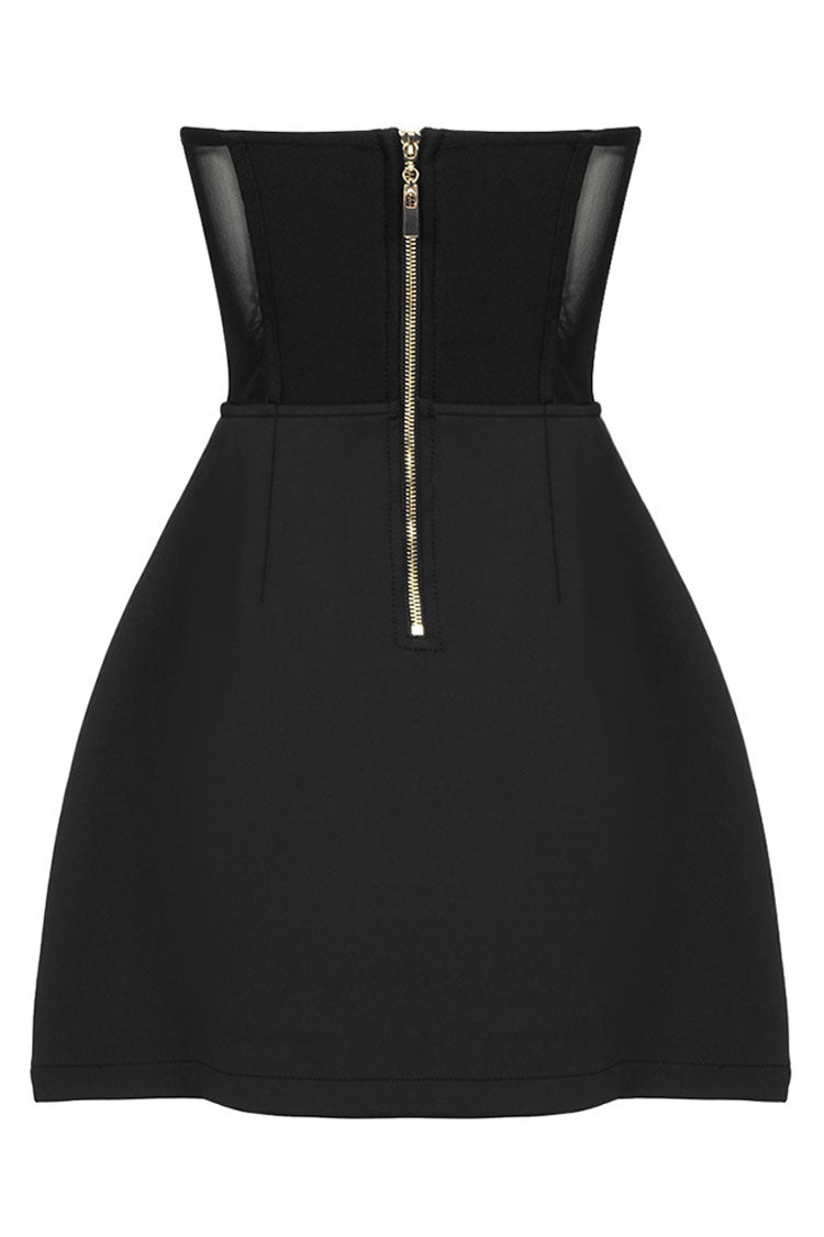 Glam Crystal Heart Shape Semi Sheer Strapless Party Mini Dress - Black